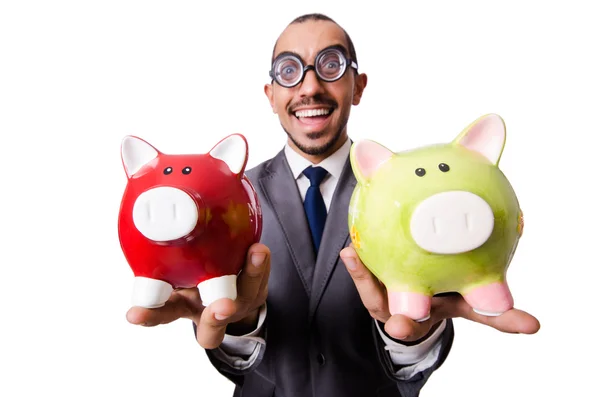 Funny man breaking his piggy bank — Stock Photo, Image
