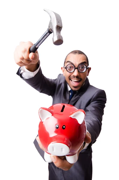 Funny man breaking his piggy bank — Stock Photo, Image