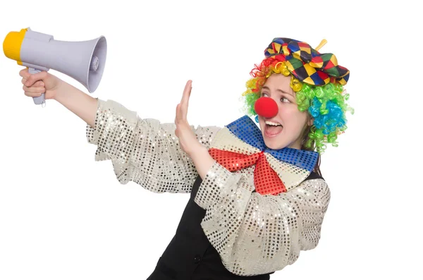 Clown femelle avec mégaphone — Photo