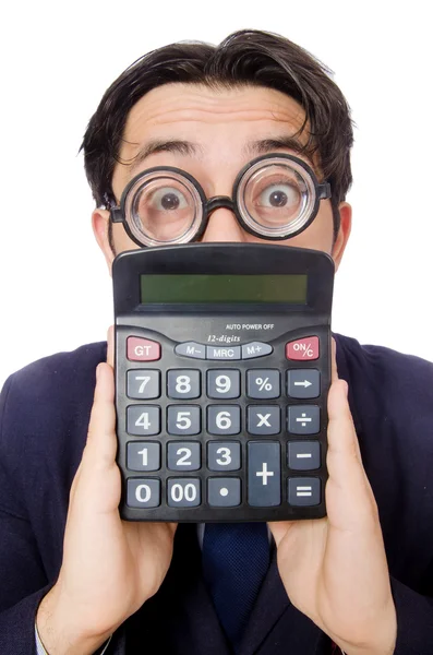 Grappige mens met calculator — Stockfoto