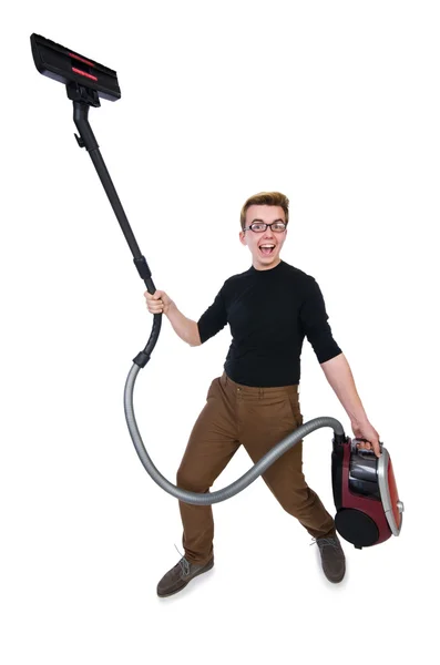 Funny man with vacuum cleaner on white — Stock Photo, Image