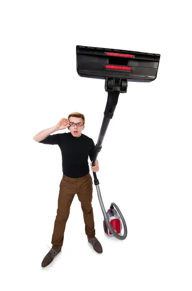 Funny man with vacuum cleaner on white — Stock Photo, Image