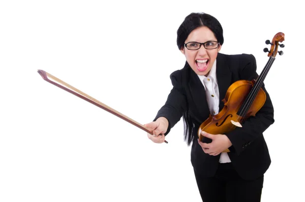 女人用上白色孤立的小提琴 — 图库照片