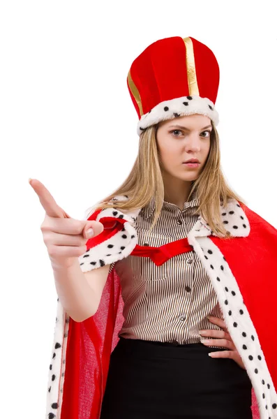 Ładna kobieta nosi koronę i czerwony płaszcz na białym tle — Zdjęcie stockowe