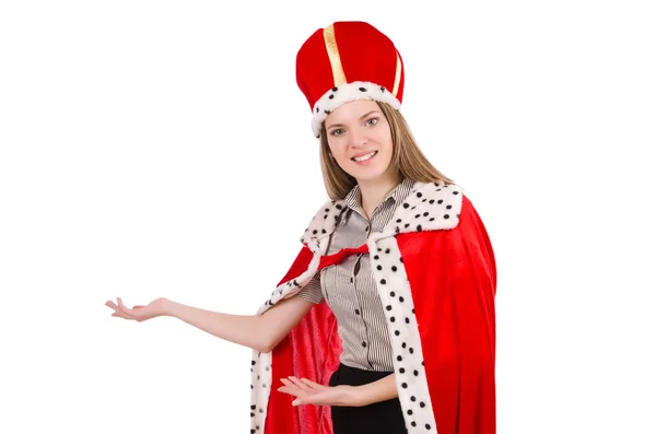 Pretty woman wearing crown and red coat isolated on white — Stock Photo, Image