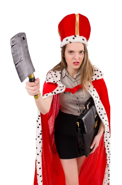 Pretty woman wearing crown and red coat isolated on white — Stock Photo, Image