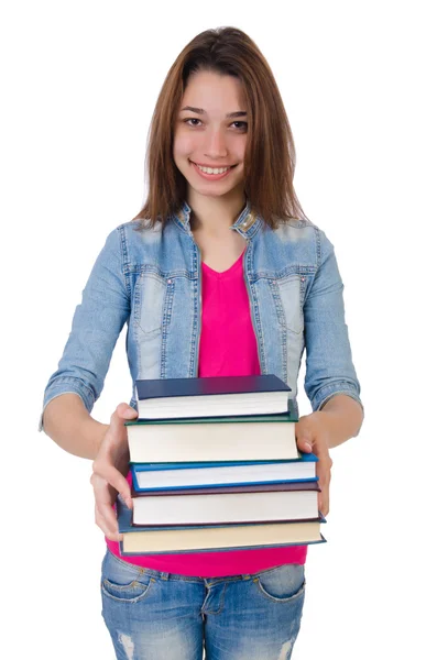 Student girl with books on white — Stock Photo, Image