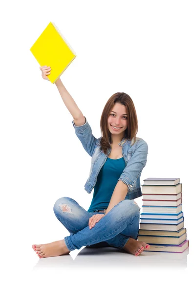 Schülerin mit Büchern auf weiß — Stockfoto