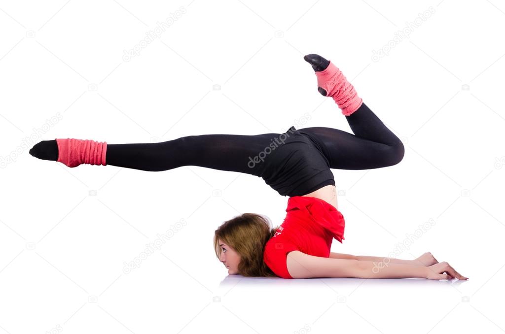 Woman doing exercises on white