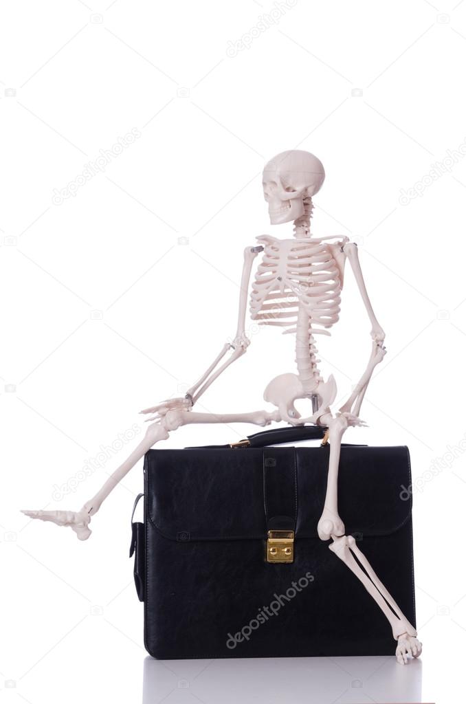 Skeleton with suitcase isolated on white