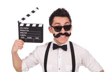 Bıyıklı genç adam beyaz izole Klaket ile