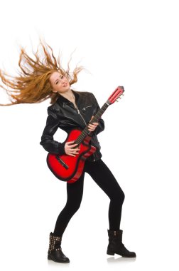 Beyaz izole gitar ile güzel kız