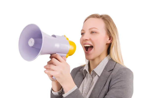 Businesslady con megafono isolato su bianco — Foto Stock