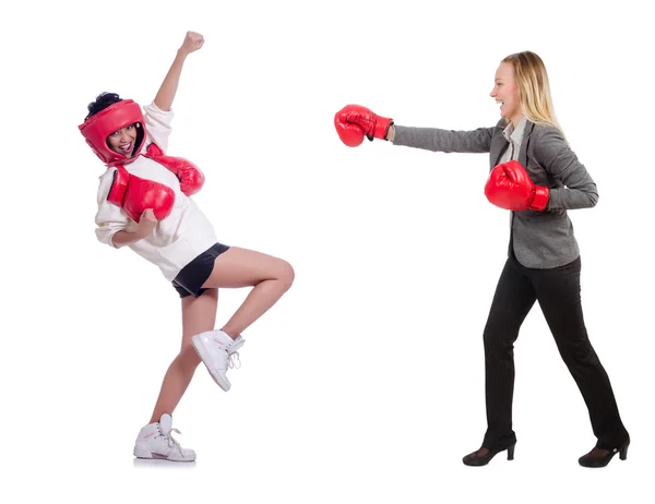 Schöne Geschäftsfrauen boxen isoliert auf weiß — Stockfoto