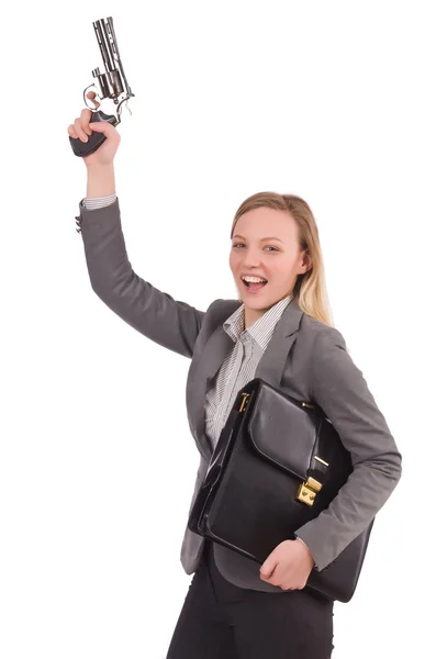 Jolie employée de bureau avec mallette et arme de poing isolée sur blanc — Photo