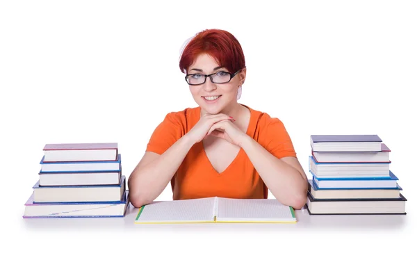 Estudante menina com livros isolados em branco — Fotografia de Stock