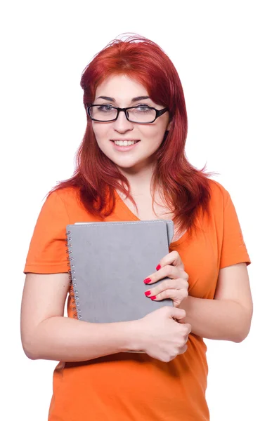 Estudiante chica con libros aislados en blanco — Foto de Stock