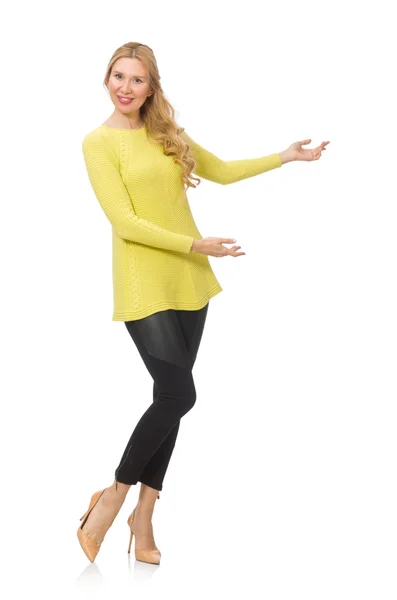 Hübsche junge Frau in gelber Bluse vereinzelt auf weißem Grund — Stockfoto