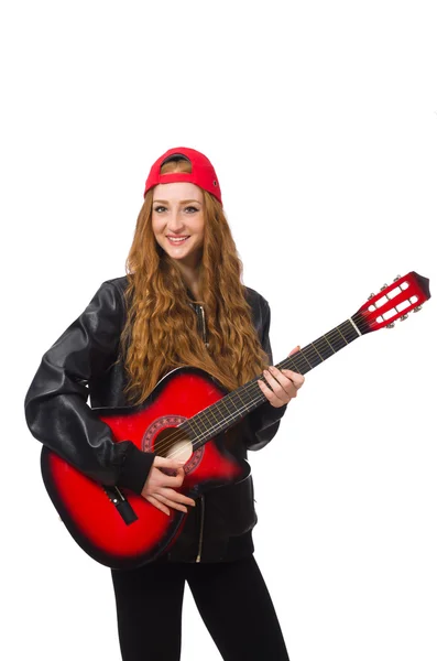 白で隔離のギターできれいな女の子 — ストック写真