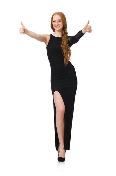 Jovem senhora em elegante vestido preto isolado no branco — Fotografia de Stock