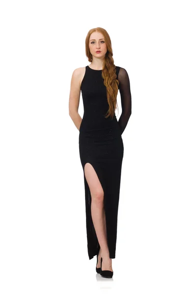 Ung dam i elegant svart klänning isolerad på vit — Stockfoto