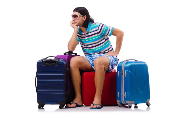 Tourist with bags isolated on white — Stock Photo, Image