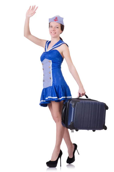 Woman with suitcase isolated on white — Stock Photo, Image