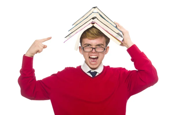 Vtipný student s knihami izolované na bílém — Stock fotografie