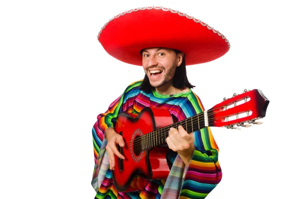 Mexicano em poncho vívido segurando guitarra isolada em branco — Fotografia de Stock