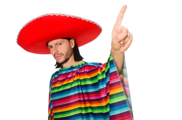 Schöner Mann in lebendigem Poncho isoliert auf weiß — Stockfoto