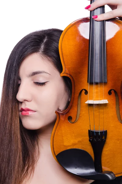 Performerin spielt Geige auf Weiß — Stockfoto