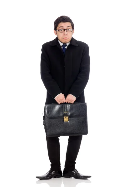 Young man holding suitcase isolated on white — Stock Photo, Image