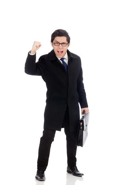 Young man holding suitcase isolated on white — Stock Photo, Image