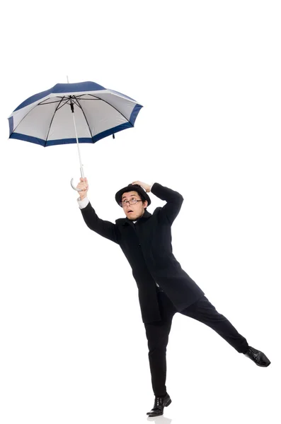 Jeune homme avec parapluie isolé sur blanc — Photo