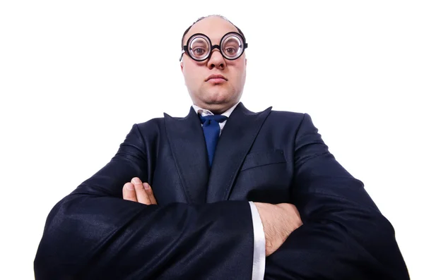 Uomo divertente con gli occhiali isolati su bianco — Foto Stock