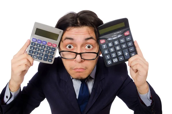 Grappige mens met calculator geïsoleerd op wit — Stockfoto