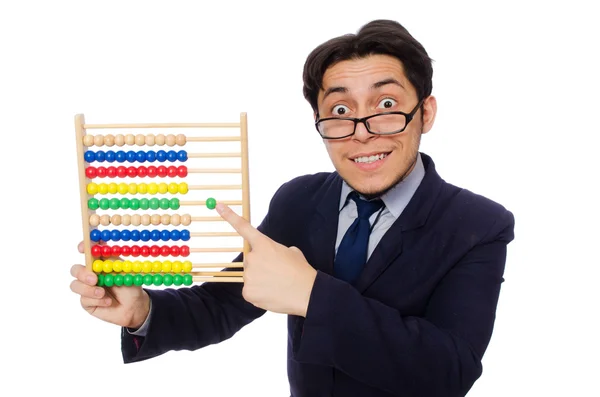 นักธุรกิจตลกที่มี abacus แยกกันบนสีขาว — ภาพถ่ายสต็อก