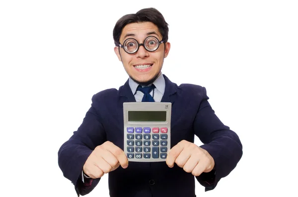 Αστείος άνθρωπος με αριθμομηχανή που απομονώνονται σε λευκό — Φωτογραφία Αρχείου