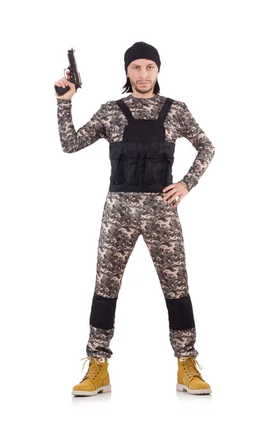 Joven en uniforme militar sosteniendo pistola aislada en blanco — Foto de Stock