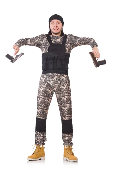 Giovane uomo in uniforme militare in possesso di pistola isolato su bianco — Foto Stock