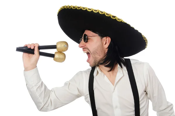 Funny man wearing mexican sombrero hat isolated on white — Stock Photo, Image