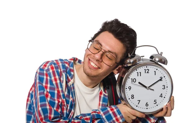 Estudiante con reloj despertador aislado en blanco —  Fotos de Stock