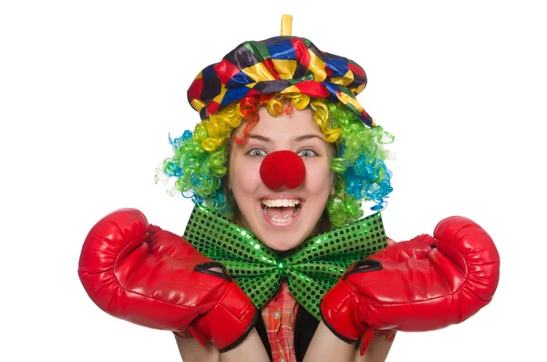 Жіночий клоун з коробковими рукавичками ізольовані на білому — стокове фото