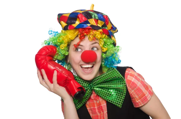Clown femelle avec des gants de boîte isolés sur blanc — Photo