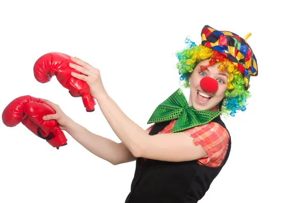 Female clown with box gloves  isolated on white — Stock Photo, Image