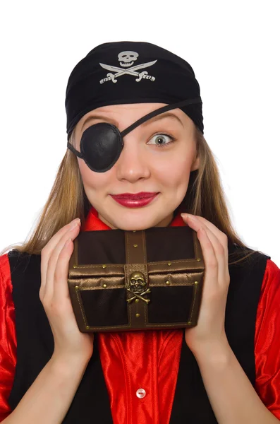 Pirate girl holding chest box — Stock Photo, Image