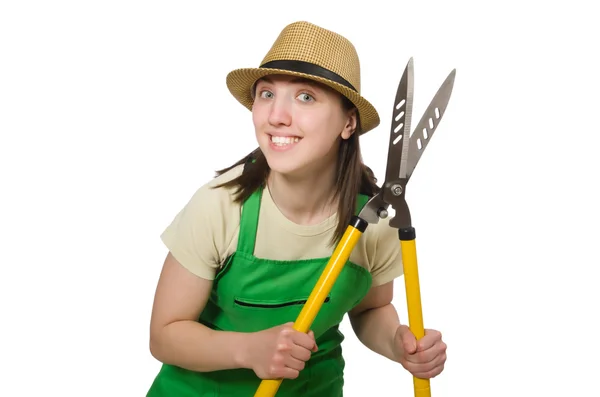 Young woman with shears on white — Stock Photo, Image