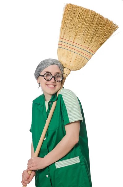 Woman with sweeping brush isolated on white — Stock Photo, Image