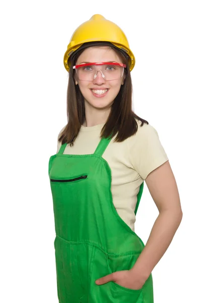 Woman wearing hard hat isolated on white — Stock Photo, Image