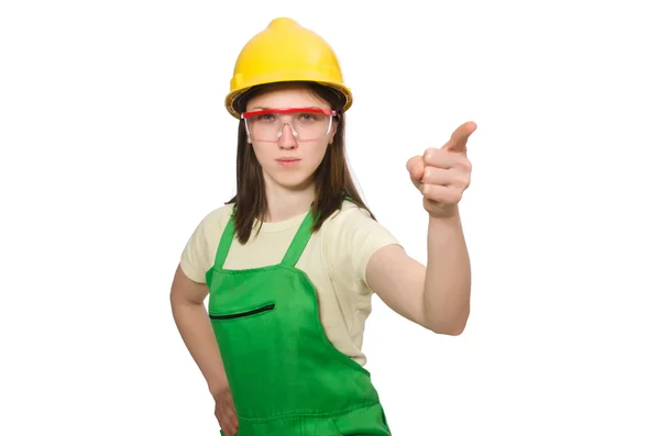 Woman wearing hard hat isolated on white — Stock Photo, Image